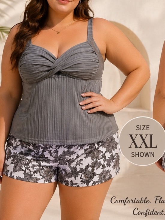 Other - Gray Ribbed Tankini Set Twist Front Top Floral Shorts XXL